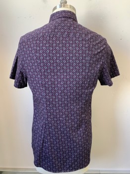 SAKS FIFTH AVENUE, Red Burgundy, Slate Gray, Brown, Cotton, Brocade, S/S, Button Front, Collar Attached