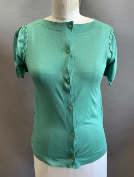 PRINGLE OF SCOTLAND, Jade Green, Silk, Solid, Knit, S/S, Button Front, Boat Neck, Self Ruffles at Sleeves/Shoulders, Buttons at Side Hem