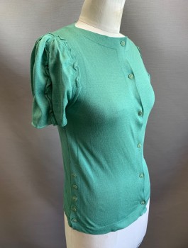 Womens, Sweater, PRINGLE OF SCOTLAND, Jade Green, Silk, Solid, S, Knit, S/S, Button Front, Boat Neck, Self Ruffles at Sleeves/Shoulders, Buttons at Side Hem