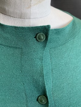 PRINGLE OF SCOTLAND, Jade Green, Silk, Solid, Knit, S/S, Button Front, Boat Neck, Self Ruffles at Sleeves/Shoulders, Buttons at Side Hem