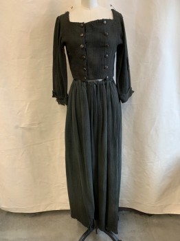Womens, Historical Fict 2 Piece Dress, MTO, Forest Green, Cotton, Solid, Textured Fabric, W26, B32, BODICE, Square Neck, L/S, DB. Look with 12 Leather Buttons, Hook/eye Front Closure Lace Back, Cuffed 3/4 Slvs, *Aged/Distressed*