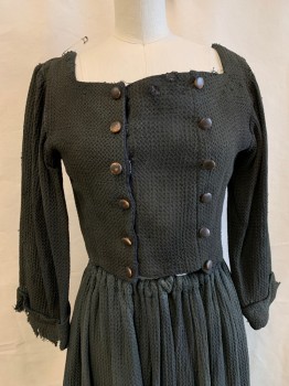 Womens, Historical Fict 2 Piece Dress, MTO, Forest Green, Cotton, Solid, Textured Fabric, W26, B32, BODICE, Square Neck, L/S, DB. Look with 12 Leather Buttons, Hook/eye Front Closure Lace Back, Cuffed 3/4 Slvs, *Aged/Distressed*