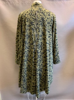 Comfy, Olive Green, Black, Cotton, Nylon, Abstract , L/S, Button Front, Collar Attached, Back Zipper