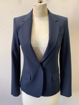 Womens, Blazer, THEORY, Navy Blue, Wool, Elastane, Solid, 0, Single Breasted, 1 Button, Notched Lapel, Fitted, 3 Pockets, Lightly Padded Shoulders