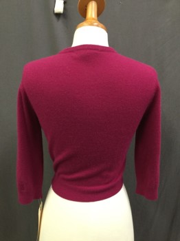 SEATON, Magenta Purple, Cashmere, Solid, Crew Neck, 3/4 Sleeves, Cropped, Gold Pyramid Shaped Buttons
