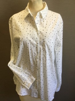 ZARA BASIC, White, Black, Cotton, Polyester, Polka Dots, (doubles) White with Different Size Black Polka Dots, Collar Attached, Button Front, 1 Pocket, Long Sleeves,