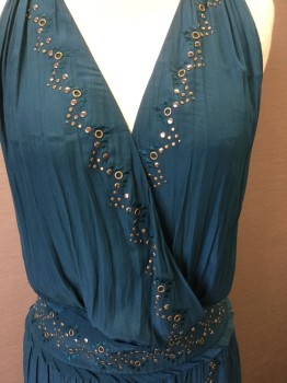 Womens, Dress, Sleeveless, RAMY BROOK, Turquoise Blue, Silver, Gold, Polyester, Ramie, Solid, M, Turquoise, Overlap V-neck, with Triangle Embroidery & Zig-Zag Small Brass/silver Studs & Circle Detail Along Neckline, Waist Band & Overlap Skirt, Pull Over, Sleeveless,