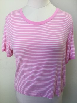 LIME BLUE, Pink, White, Rayon, Spandex, Stripes - Horizontal , Pink with White Horizontal Stripes,  Solid Pink Round Neck & Short Sleeves Trim
