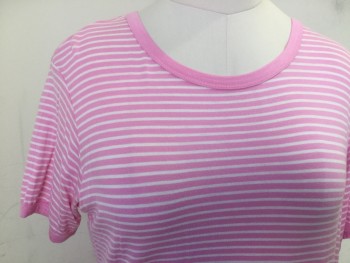 Womens, Top, LIME BLUE, Pink, White, Rayon, Spandex, Stripes - Horizontal , L, Pink with White Horizontal Stripes,  Solid Pink Round Neck & Short Sleeves Trim