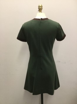 TEENAGER'S SHOP, Forest Green, Wine Red, Chocolate Brown, Wool, Solid, Stripes, Jersey Knit, Forest Green Skirt with Forest Green & Wine Vertical Panelled Top with Brown Crew Neck and Trim at Short Sleeves. Length Mini, Zipper Center Back, Mended Holes