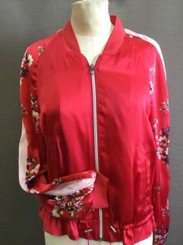 Womens, Casual Jacket, DIVIDED, Red, Pink, Yellow, White, Black, Polyester, Silk, Solid, Floral, 6, JACKET:  Red Front & Back, Red W/pink,green, White, Yellow,black Floral Print Long Sleeves, W/1-3/4" Stripe In The Middle, Zip Front, Red Ribbed Knit Collar Attached & Cuffs, D-string Hem, 2 Hidden Slant Pockets W/arrow Seams Detail