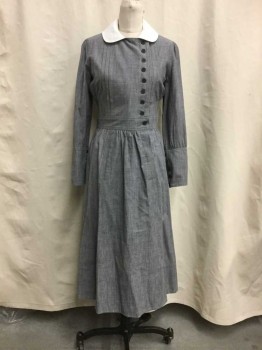 Womens, Waitress/Maid, NO LABEL, Gray, White, Cotton, 30, 34, Gray Chambray, Asymmetrical Button Closure, White Peter Pan Collar, Pleating, Rouched Shoulders, Button Up Cuffs, Hem Below Knee, Mid Length, Stains On Front Chest, Multiples, Turn of the Century Maid Up Until 1930s Maid