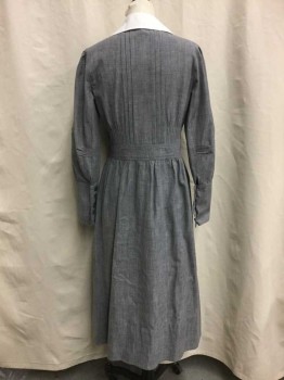 NO LABEL, Gray, White, Cotton, Gray Chambray, Asymmetrical Button Closure, White Peter Pan Collar, Pleating, Rouched Shoulders, Button Up Cuffs, Hem Below Knee, Mid Length, Stains On Front Chest, Multiples, Turn of the Century Maid Up Until 1930s Maid