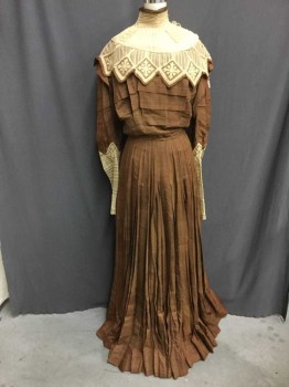 NO LABEL, Brown, Tan Brown, Silk, High Lace Neck with Embroidery Trim, Pleats, Lace Ruffles Down Arms, Lace Sleeves, Hook and Eye Closure At Back Of Neck, Zip Back Closure, Hem Below Knee,