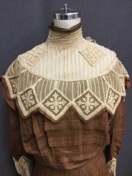 NO LABEL, Brown, Tan Brown, Silk, High Lace Neck with Embroidery Trim, Pleats, Lace Ruffles Down Arms, Lace Sleeves, Hook and Eye Closure At Back Of Neck, Zip Back Closure, Hem Below Knee,