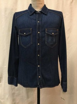 Mens, Western, RAG & BONE, Denim Blue, Cotton, Solid, M, Blue Chambray, Snap Front, Collar Attached, Long Sleeves, 2 Flap Pockets