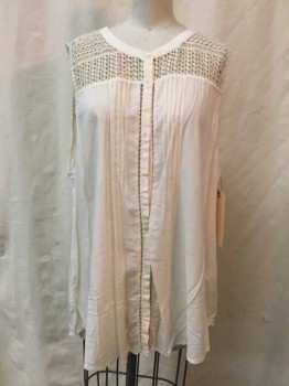 LUCKY, Cream, Rayon, Polyester, Solid, Cream, Button Front, Pleated, Novelty Open Work Yolk, Sleeveless
