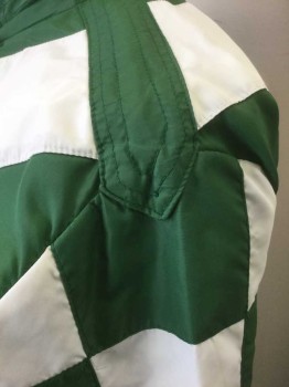 Unisex, Windbreaker, WEST COAST RACING, Green, White, Nylon, Color Blocking, S, Jockey Windbreaker - Green with White Diagonal 4" Wide Stripe/Panel Across Front, White Checkerboard Square Panels on Sleeves, White 3D Bow at Center Front Neck, Velcro Closures at  Front, Stand Collar, No Lining, "ART WALKER" Embroidered at Underside of Front Closure