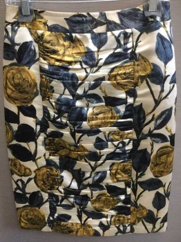 Womens, Skirt, Below Knee, MILLY, Beige, Gray, Yellow, Silk, Polyester, Floral, 6, Beige W/gray, Dark Yellow Large Floral Print, 1-1/2" Waistband, Horizontal Pleats Front & Back Center, Side Zipper,