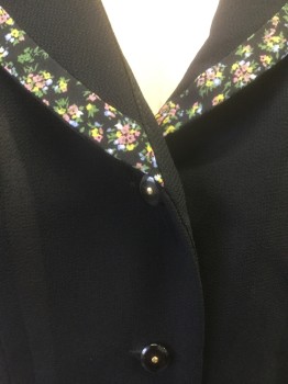 DANNY & NICOLE, Black, Lt Pink, White, Green, Lt Blue, Polyester, Chiffon with Black and Pastel Multicolor Floral Trim, Short Sleeves, Shawl Lapel, Padded Shoulders, 4 Black and Gold Buttons,