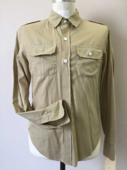 BAND OF OUTSIDERS, Khaki Brown, Cotton, Solid, Button Front, Collar Attached, Long Sleeves, Epaulets, 2 Flap Pockets