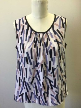 ANNE KLEIN, White, Black, Beige, Gray, Dk Gray, Polyester, Geometric, Sleeveless, White with Gray/Beige/Black Scattered Rectangles Pattern, Scoop Neck, Black Trim and Solid Black Back, 1 Button Closure Center Back Neck
