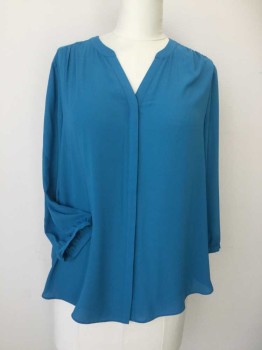 NYDJ, Turquoise Blue, Synthetic, Solid, V-neck, Concealed Button Front Placket, Knife Pleated Center Back, Long Sleeves with Button Cuffs, Gathers at Shoulder Seams