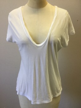 JAMES PERSE, White, Cotton, Heathered, Heather White, Scoop V-neck, Cap Sleeves