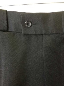 FIRST CLASS, Black, Polyester, Solid, Ribbed Poly. Flat Front, Zip Fly, 7 Pockets (2 at Side Seams, 1 Watch Pocket, 4 Back Pockets) Button Tab Waist, Elastic Inner Waistband **"First Class" Label is Very Faded