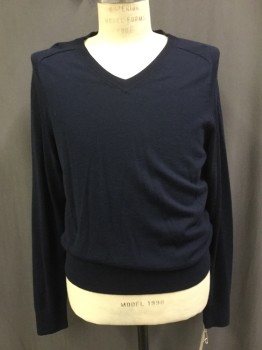 Mens, Pullover Sweater, BROOKS BROTHERS, Navy Blue, Wool, Solid, M, V-neck, Long Sleeves,