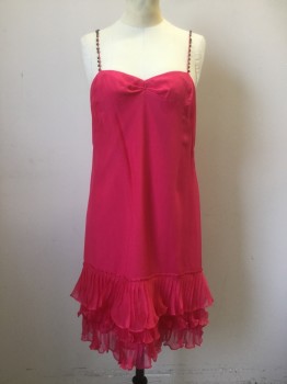 Womens, Cocktail Dress, REBECCA TAYLOR, Hot Pink, Silk, Solid, 6, Silk Chiffon Over Silk Slip, V-neck, Pleated at Center Bust, Spaghetti Straps with Rhinestones, 3 Pleated Ruffle Layer Hem, Zip Back