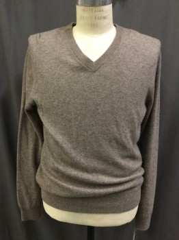 Mens, Pullover Sweater, BLOOMIES, Brown, Cashmere, Heathered, M, V-neck, Long Sleeves,