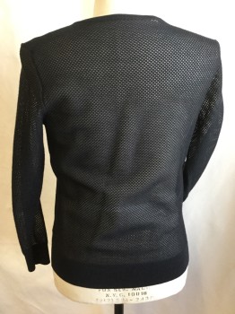 Mens, Pullover Sweater, N/L, Black, Wool, Polyester, Solid, S, Small Diamond Perforated, Ribbed Knit Crew Neck, Long Sleeves Cuffs & Hem,
