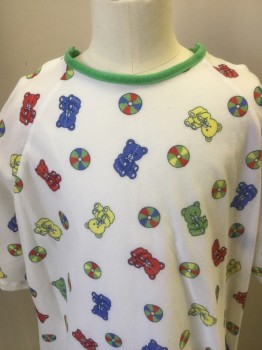 Unisex, Child, Patient Gown, ANGELICA, White, Red, Gray, Yellow, Blue, Polyester, Novelty Pattern, L, White Flannel with Teddy Bears and Balls, Short Sleeves, Green Crew Neck, Snap Back