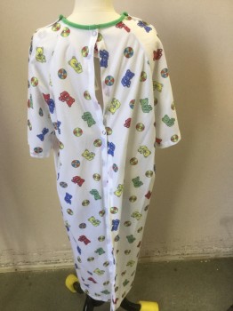 Unisex, Child, Patient Gown, ANGELICA, White, Red, Gray, Yellow, Blue, Polyester, Novelty Pattern, L, White Flannel with Teddy Bears and Balls, Short Sleeves, Green Crew Neck, Snap Back