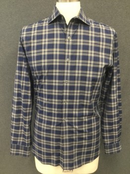 TODD SNYDER, Navy Blue, Slate Gray, Cotton, Plaid, Button Front, Spread Collar Attached, Long Sleeves
