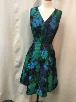 Womens, Cocktail Dress, BE, Emerald Green, Turquoise Blue, Navy Blue, Polyester, Floral, 30W, B34, V-neck, Zip Back, Sleeveless, Princess Seams, 2 Pockets, Brocade,