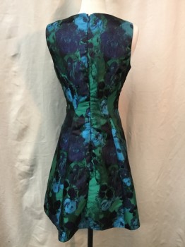 Womens, Cocktail Dress, BE, Emerald Green, Turquoise Blue, Navy Blue, Polyester, Floral, 30W, B34, V-neck, Zip Back, Sleeveless, Princess Seams, 2 Pockets, Brocade,