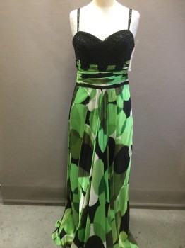Womens, Evening Gown, ALBERTO MAKALI, Black, Green, Lt Green, Olive Green, White, Silk, Beaded, Geometric, Sz.6, Black Beaded Lace Bodice, Beaded Straps, Gathered & Beaded Waist, Long Drape Bit Center Front, 2 Extra Drapes of Fabric in Back, Side Zip