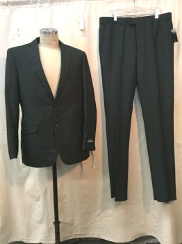 PORTABELLA, Forest Green, Black, Rayon, Polyester, 2 Color Weave, Single Breasted, 2 Buttons, Notched Lapel, 3 Pockets