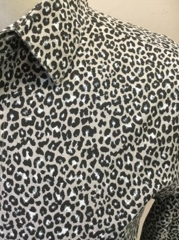 H&M, Gray, Black, White, Cotton, Animal Print, Leopard-like Print, Button Front, Collar Attached, Long Sleeves