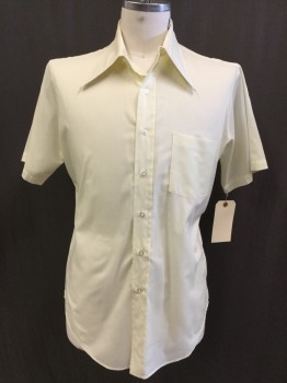 Mens, Dress Shirt, ROSTER, Lt Yellow, Polyester, Cotton, Solid, L, Collar Attached, Button Front, 1 Pocket, Short Sleeves,