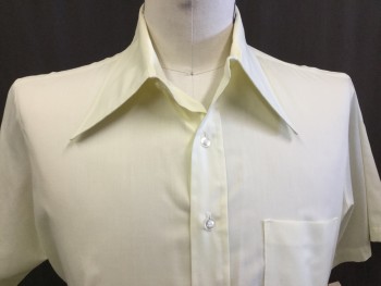 Mens, Dress Shirt, ROSTER, Lt Yellow, Polyester, Cotton, Solid, L, Collar Attached, Button Front, 1 Pocket, Short Sleeves,