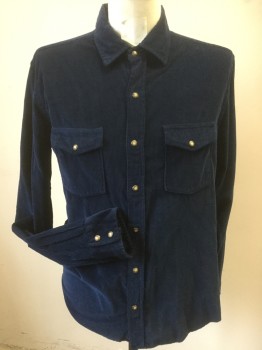 VINCE, Navy Blue, Cotton, Solid, Corduroy, Snap Front, 2 Pockets with Flaps, Collar Attached, Long Sleeves,