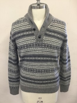 J. CREW, Gray, Dk Gray, White, Wool, Stripes, Varied Stripes, Solid Heather Gray Ribbed Knit Shawl Collar/Cuff/Waistband, 2 Buttons at Neck