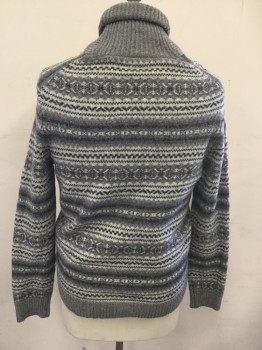 Mens, Pullover Sweater, J. CREW, Gray, Dk Gray, White, Wool, Stripes, M, Varied Stripes, Solid Heather Gray Ribbed Knit Shawl Collar/Cuff/Waistband, 2 Buttons at Neck