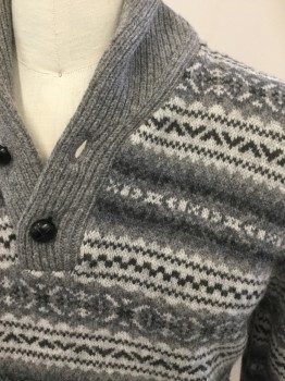 J. CREW, Gray, Dk Gray, White, Wool, Stripes, Varied Stripes, Solid Heather Gray Ribbed Knit Shawl Collar/Cuff/Waistband, 2 Buttons at Neck