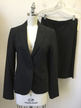 THEORY, Black, Wool, Lycra, Solid, Single Breasted, Collar Attached, Peaked Lapel, 3 Pockets, 1 Button