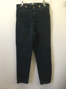 Mens, Historical Fiction Pants, N/L, Faded Black, Cotton, Solid, Ins:34, W:30, Canvas/Duck, Button Fly, Gold Metal Suspender Buttons at Outside Waist, 3 Pockets Plus 1 Watch Pocket, Belted Back, Reproduction