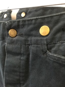 Mens, Historical Fiction Pants, N/L, Faded Black, Cotton, Solid, Ins:34, W:30, Canvas/Duck, Button Fly, Gold Metal Suspender Buttons at Outside Waist, 3 Pockets Plus 1 Watch Pocket, Belted Back, Reproduction